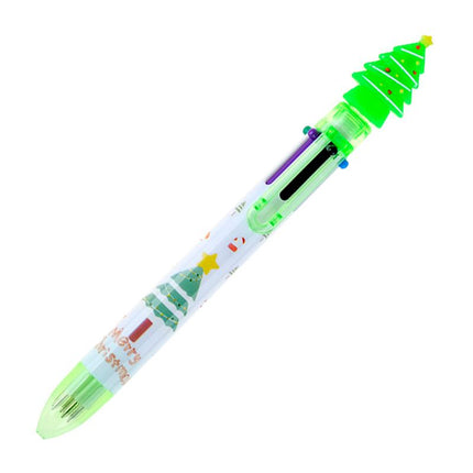 Green tree topper Christmas ballpoint pen with clear barrel and purple/green ink chambers