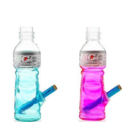 Two water bottles, blue and pink with labels and attached angled drinking spouts