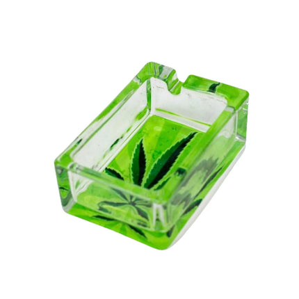Rectangle glass printed ashtray with green leaf and plant graphic