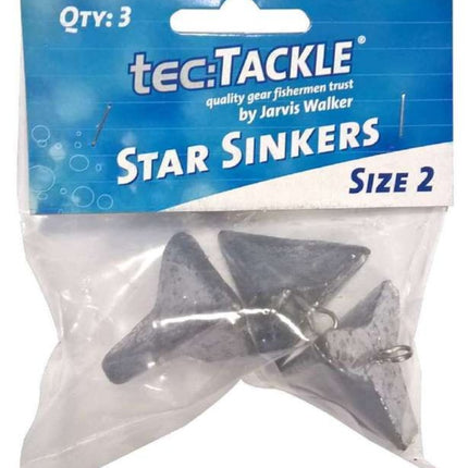 Tec.Tackle star sinkers, size 2, 3-pack; dark gray metal star weights in bag
