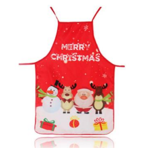 Red Christmas apron with Merry Christmas text and cartoon holiday characters