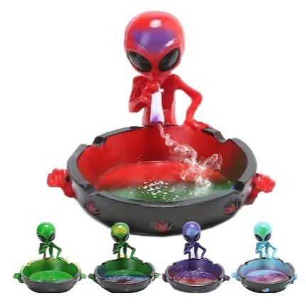 Alien ashtray with red figurine and colorful galaxy-style bowl
