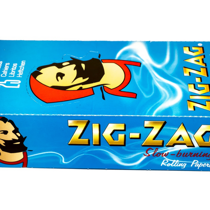 Blue Zig-Zag rolling papers box, featuring head illustration and Slow-burning Rolling Papers.