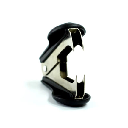 Staple remover with black plastic handles and silver metal claw base
