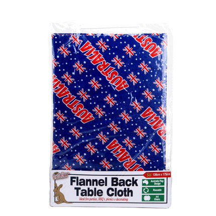 Flannel back table cloth, blue with Australasian icon and text pattern