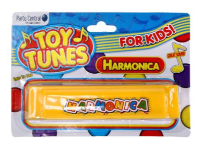 Kids harmonica toy in blister pack, orange harmonica with 'Harmonica' logo
