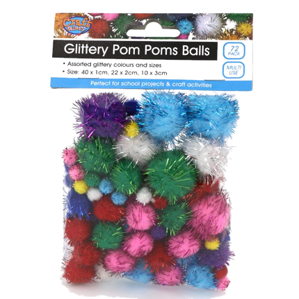 72-pack glittery pom pom craft balls, assorted multicolor fuzzy tinsel pom poms