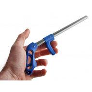 Jarvis Walker hook extractor held in hand, blue trigger handle and metal rod