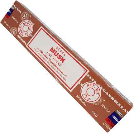 Satya Musk incense rectangular box with Net Wt 15 g and Exp