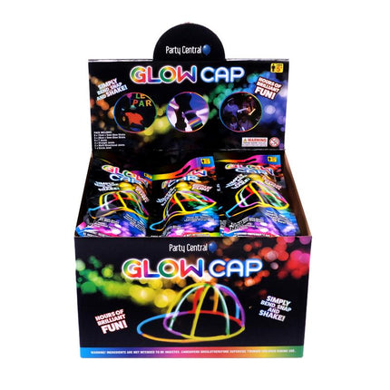 GlowCap glow stick cap box with circular cap graphics and multicolor party lights
