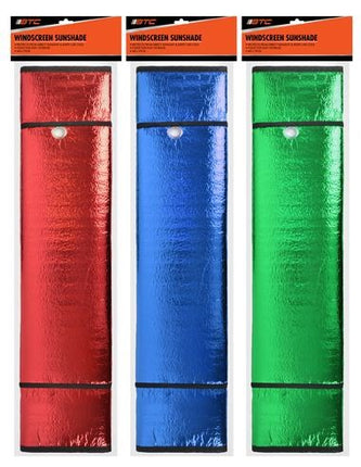 Sunshade shield with suction cups, tall fabric panel in red, blue, and green