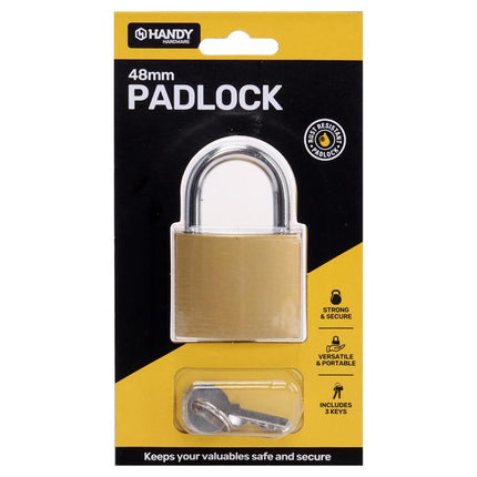 48mm padlock, brass-colored body, silver shackle, includes 3 keys
