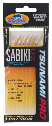 Tsunami Pro Sabiki rigs fish hook pack with green heads and red hooks, size 6