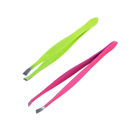 Two flat-tip tweezers with angled slanted ends—lime green and hot pink