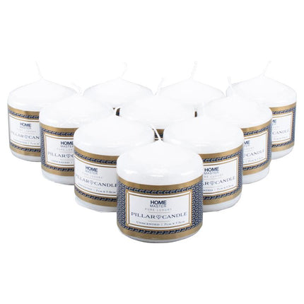 Set of white unscented pillar candles with blue patterned labels and gold bands
