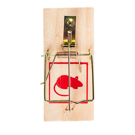 Close-up wooden mouse trap with spring mechanism and red center bait panel
