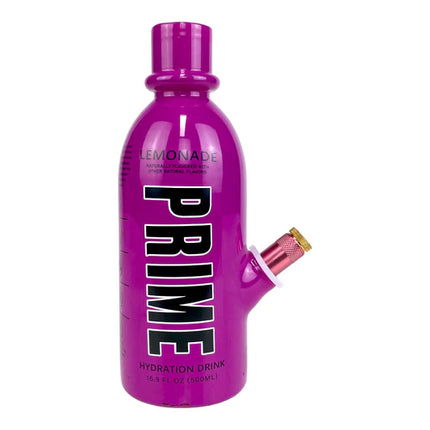 Purple Prime water bottle with ridged cap and squeeze spout, hydration drink label.