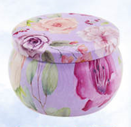Floral pattern soy scented votive candle tin lid top, pastel pink purple and green
