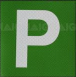 Green perforated square plate with white letter P