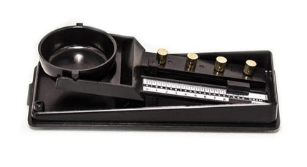 10-gram twin beam gram scale with black base and round weighing pan