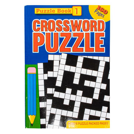 A5 crossword puzzle book cover with large title text, crossword grid, and colored pencils