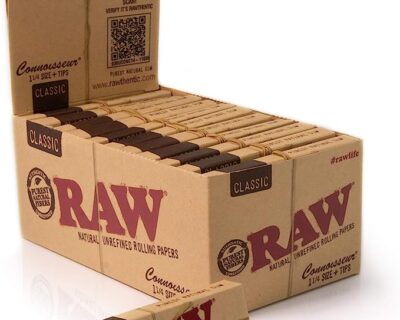 RAW Classic Connoisseur rolling paper booklets in brown carton display with tips