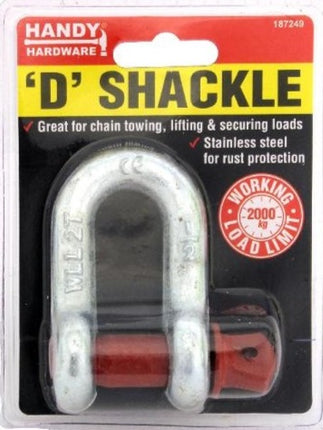 Stainless steel D shackle, 2000 kg load rating, for chain towing and lifting.