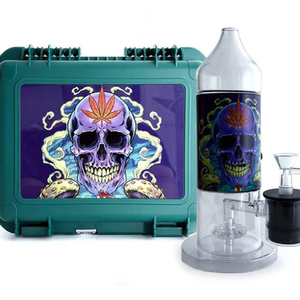Electric LED bong set with clear glass body, colorful skull art, and green travel case