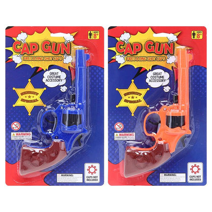 Cap gun cowboy toy revolver blister pack, blue and orange toy guns