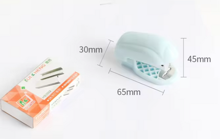 Light blue mini stapler with size diagram, measurements labeled 30mm, 45mm, 65mm