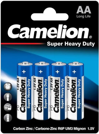 Camelion Super Heavy Duty AA batteries, 1.5V, 4-pack on retail blister packaging