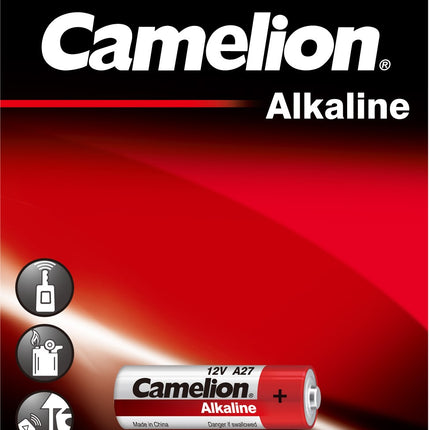 Camelion A27 alkaline 12V battery on retail blister pack, mercury-free label