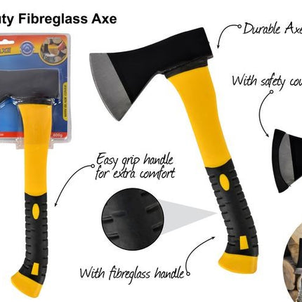 Tomahawk axe with black head, yellow fiberglass handle, black grip, safety cover.