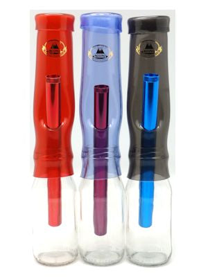 Assorted colored glass water pipes: red, blue, purple, and black