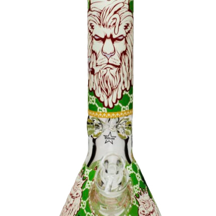White and red bearded lion water beaker bong, green border, clear glass