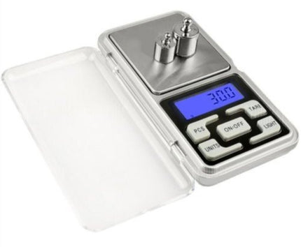 Digital scale with blue LCD screen, button panel, and open protective cover