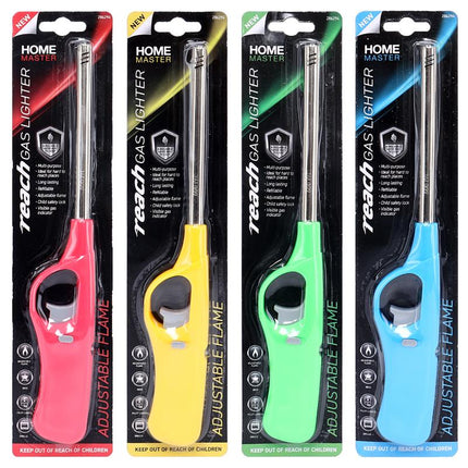 Long-reach refillable gas lighter assortment: pink, yellow, green, blue in retail packs
