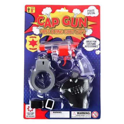 Police cap gun play set in blister pack, black and blue launcher with red accents