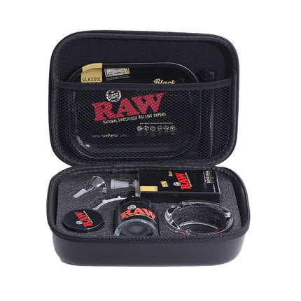Black 7-piece waterpipe set with RAW-style labels inside zippered case
