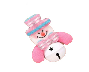 Cute snowman Christmas decoration with pink hat, striped scarf, and bell