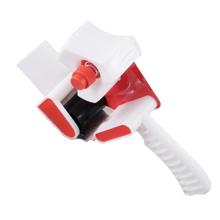 Packing tape dispenser with white handle, red lever, and black tape roll