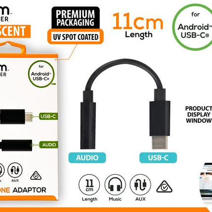 USB-C to 3.5mm headphone adapter box, black USB-C plug to AUX audio