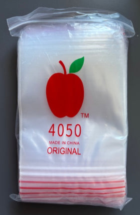 Apple ziplock bag, white plastic pouch with red zip seal and apple logo print
