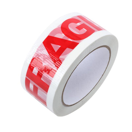 Fragile tape roll, white adhesive tape with red FRAGILE branding
