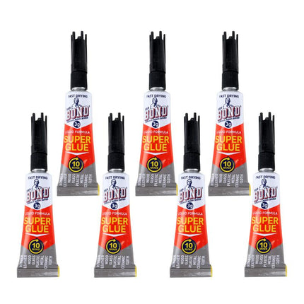 Multiple liquid super glue tubes with black nozzles and clear-drying formula