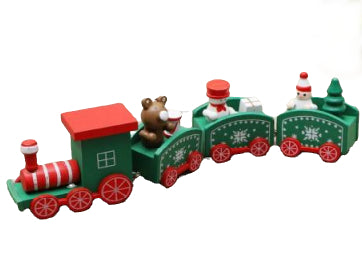 Wooden Christmas train set, green and red with Santa figures and snowflake wheels