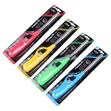 Long-reach gas lighter multipack in pink, yellow, green, and blue retail blister cards