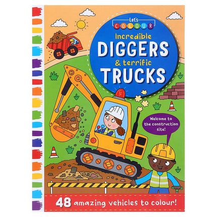 Kids coloring book cover: Incredible diggers and trucks, 48 coloring pages