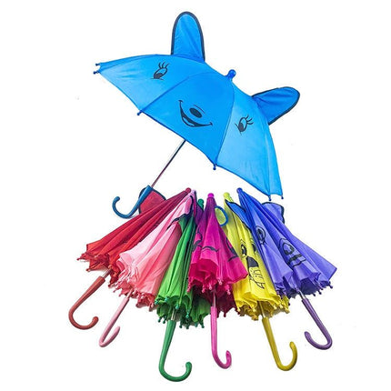 Kids shark-shaped umbrella in blue with smile face print and curved safety handle