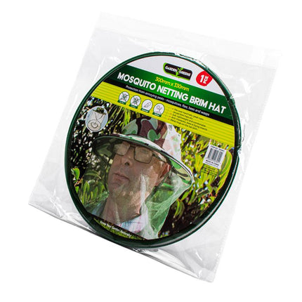 Mosquito net brim hat in camouflage pattern, packaged with clear net visible